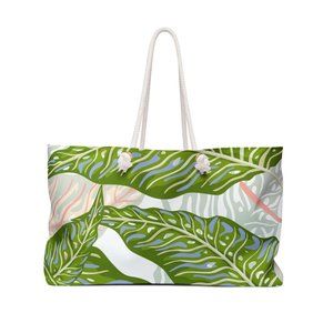 Coral and Green Palm Leaf Weekender Bag